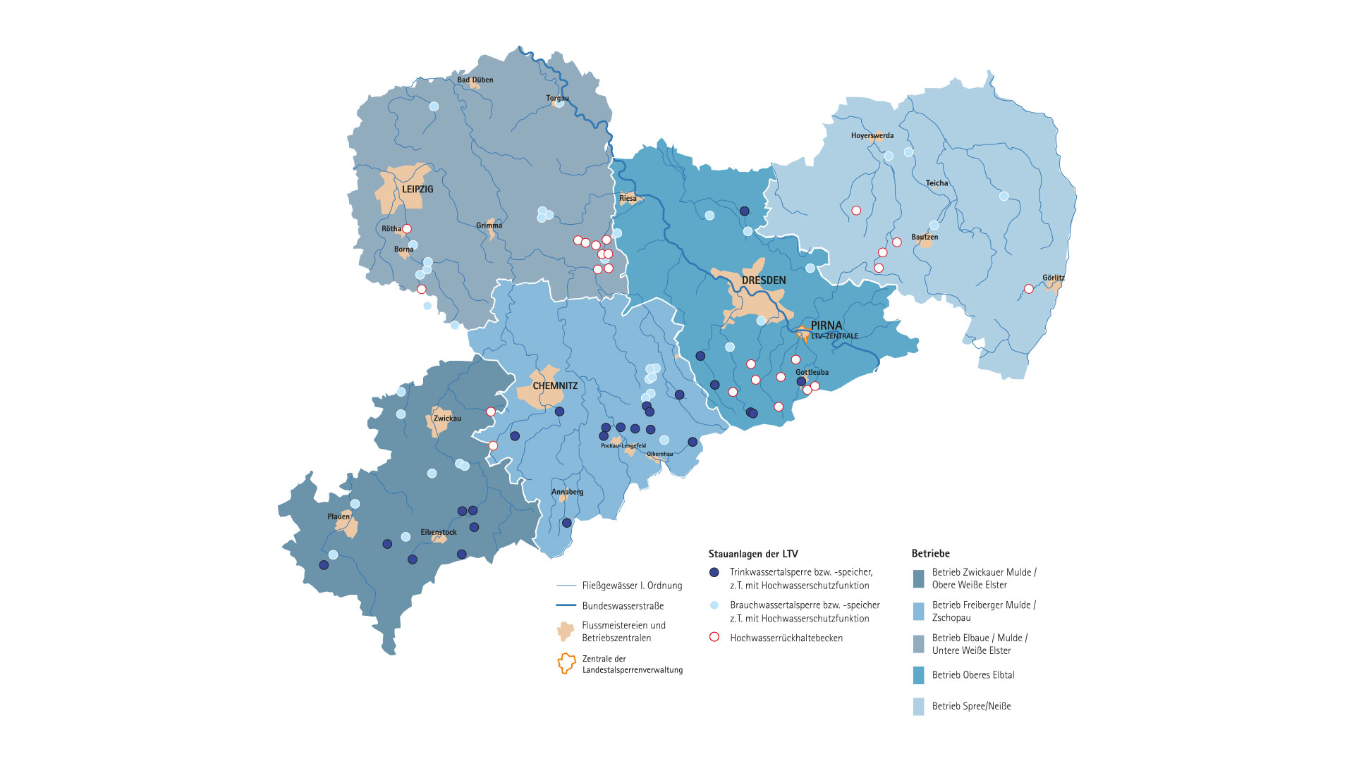 Karte von Sachsen mit Betrieben der Landestalsperrenverwaltung Sachsen