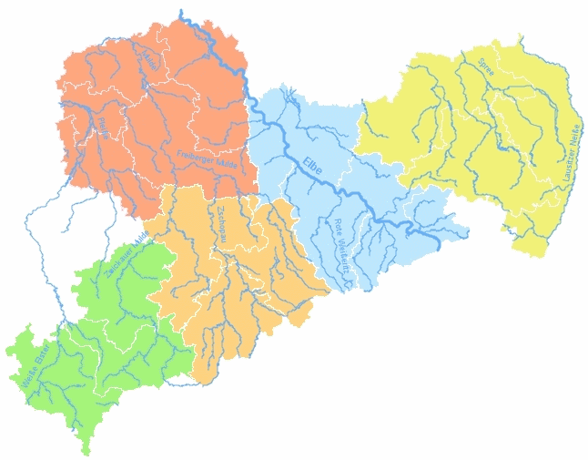 Übersichtskarte von Sachsen mit farblich gekennzeichneten Talsperrenmeistereien